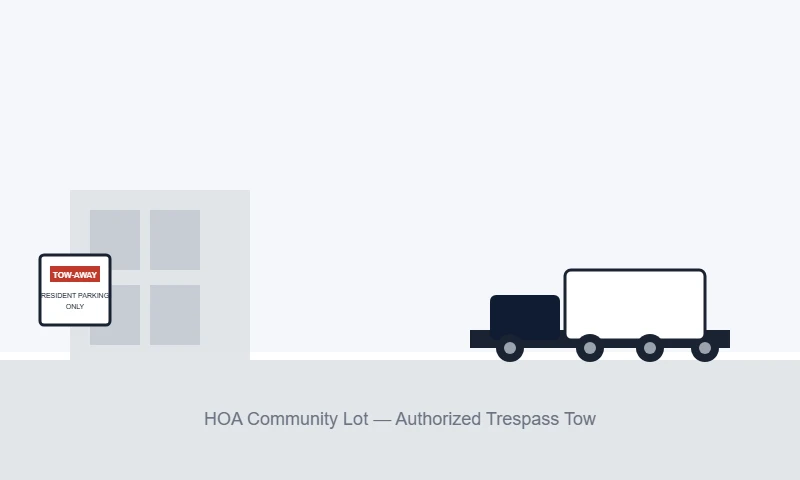 Illustration of an authorized trespass tow at an HOA community parking lot in Asheville NC